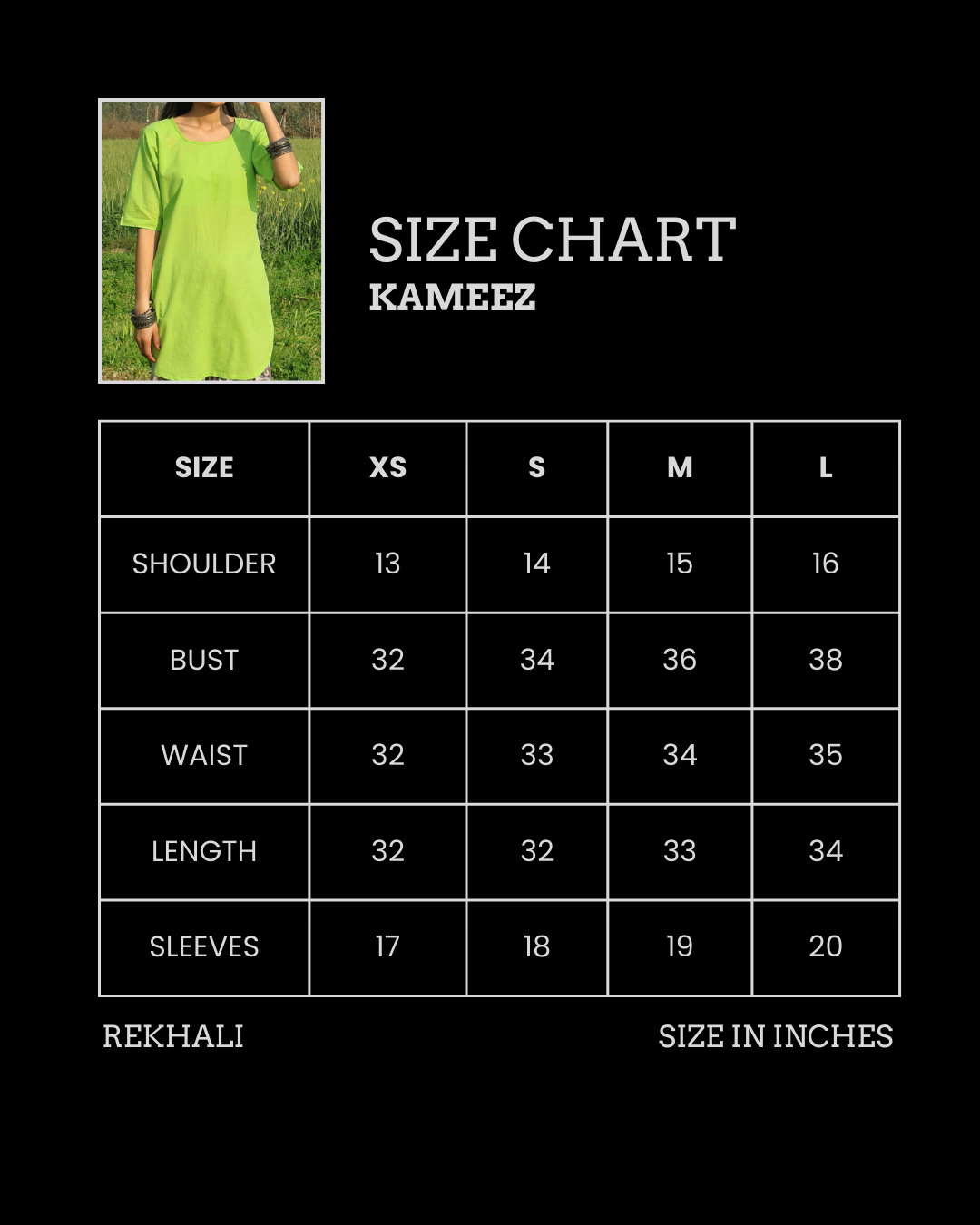 Size chart for Kameez with a person wearing the garment in the corner.