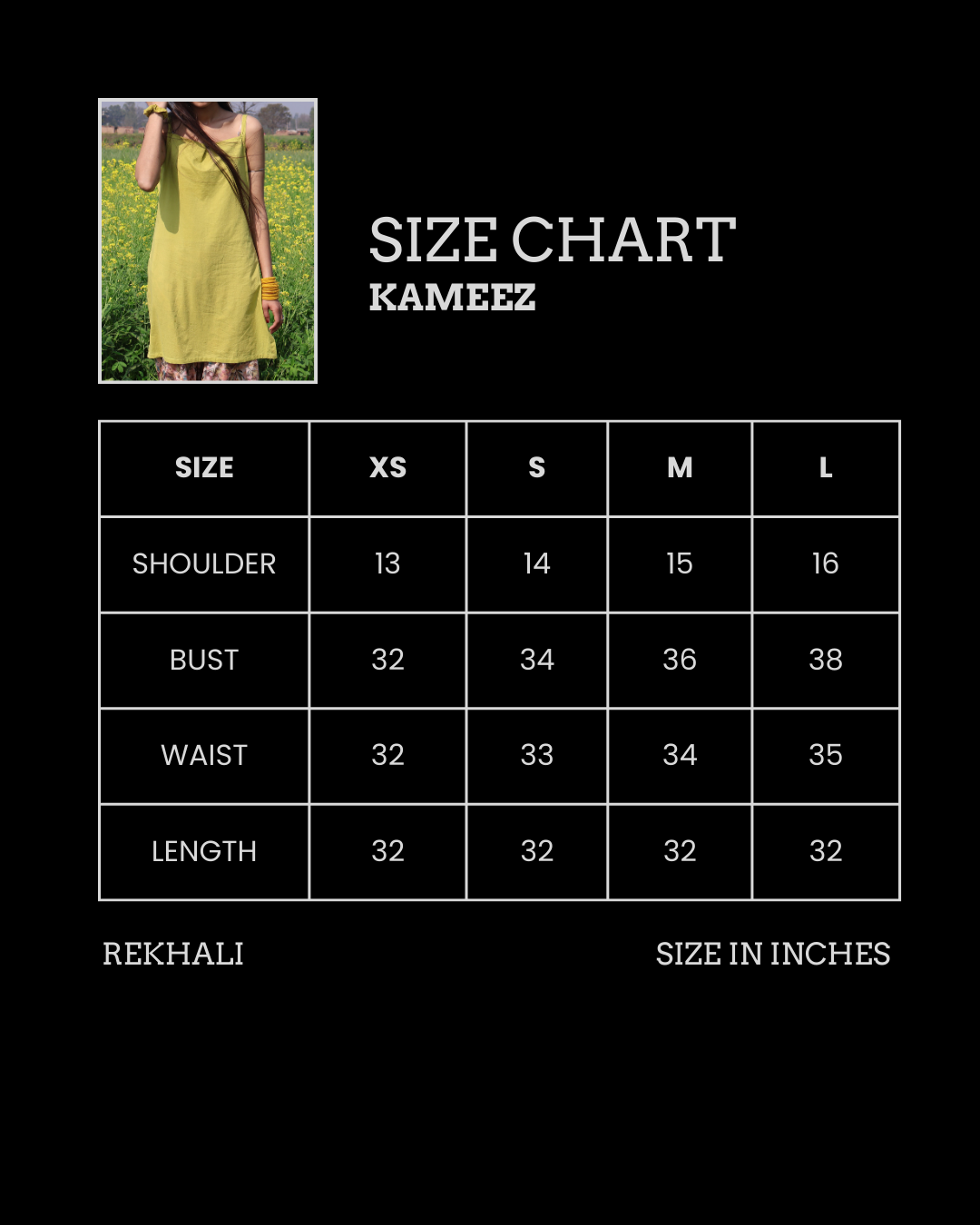 Size chart for Kameez with measurements in inches on a black background