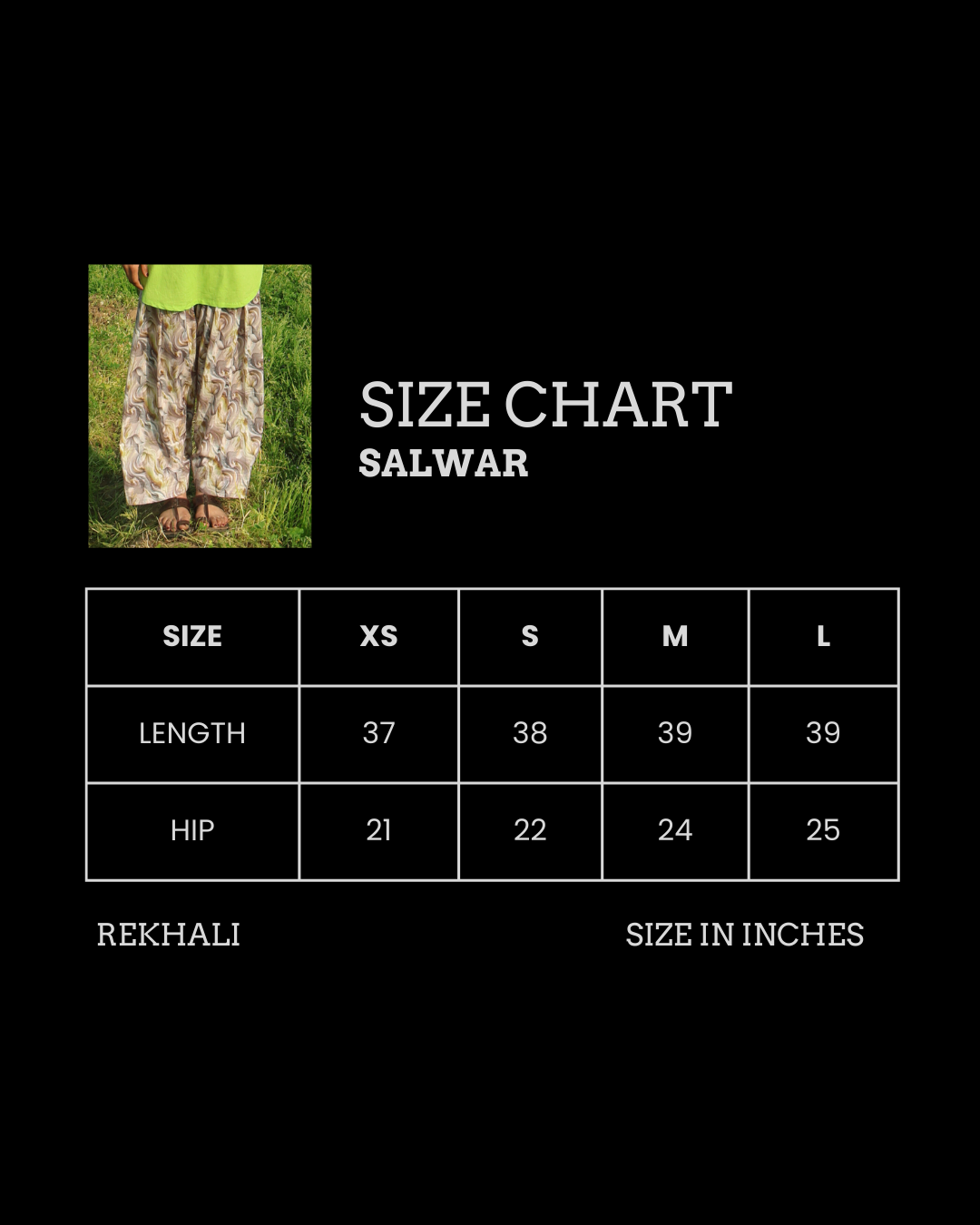 Size chart for salwar with measurements in inches on a black background