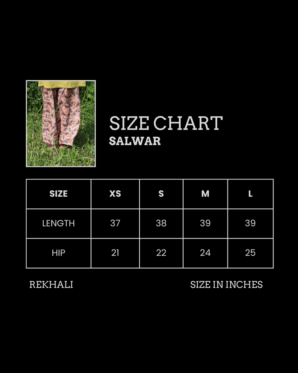 Size chart for salwar pants with a person wearing the garment in the corner.
