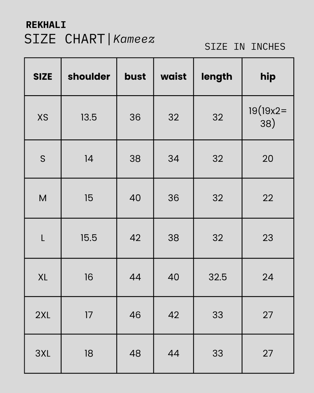 A size chart table for Kameez Rekhali clothing, showing measurements in inches for sizes XS through 3XL, with columns for shoulder, bust, waist, length, and hip.