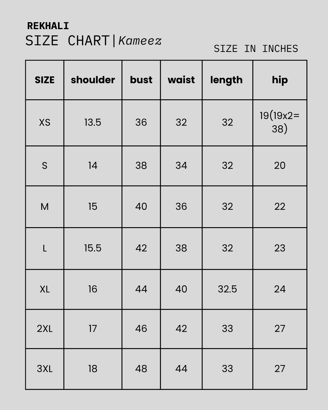 A size chart table for Kameez Rekhali clothing, showing measurements in inches for sizes XS through 3XL, with columns for shoulder, bust, waist, length, and hip.